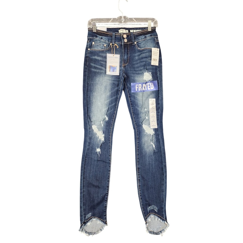 Indigo Rein Womens Mid Rise Ankle Distressed Skinny Jeans Dark Blue Size 5 NWT